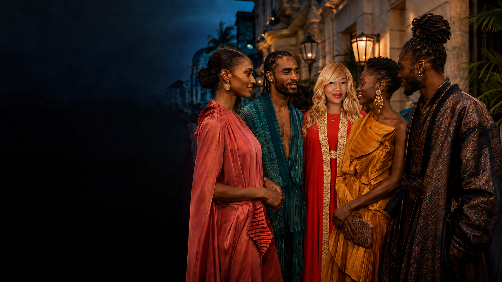 Caribbean fashion creatives gathered at an evening cultural event, featuring Carla Hazel of Dominica