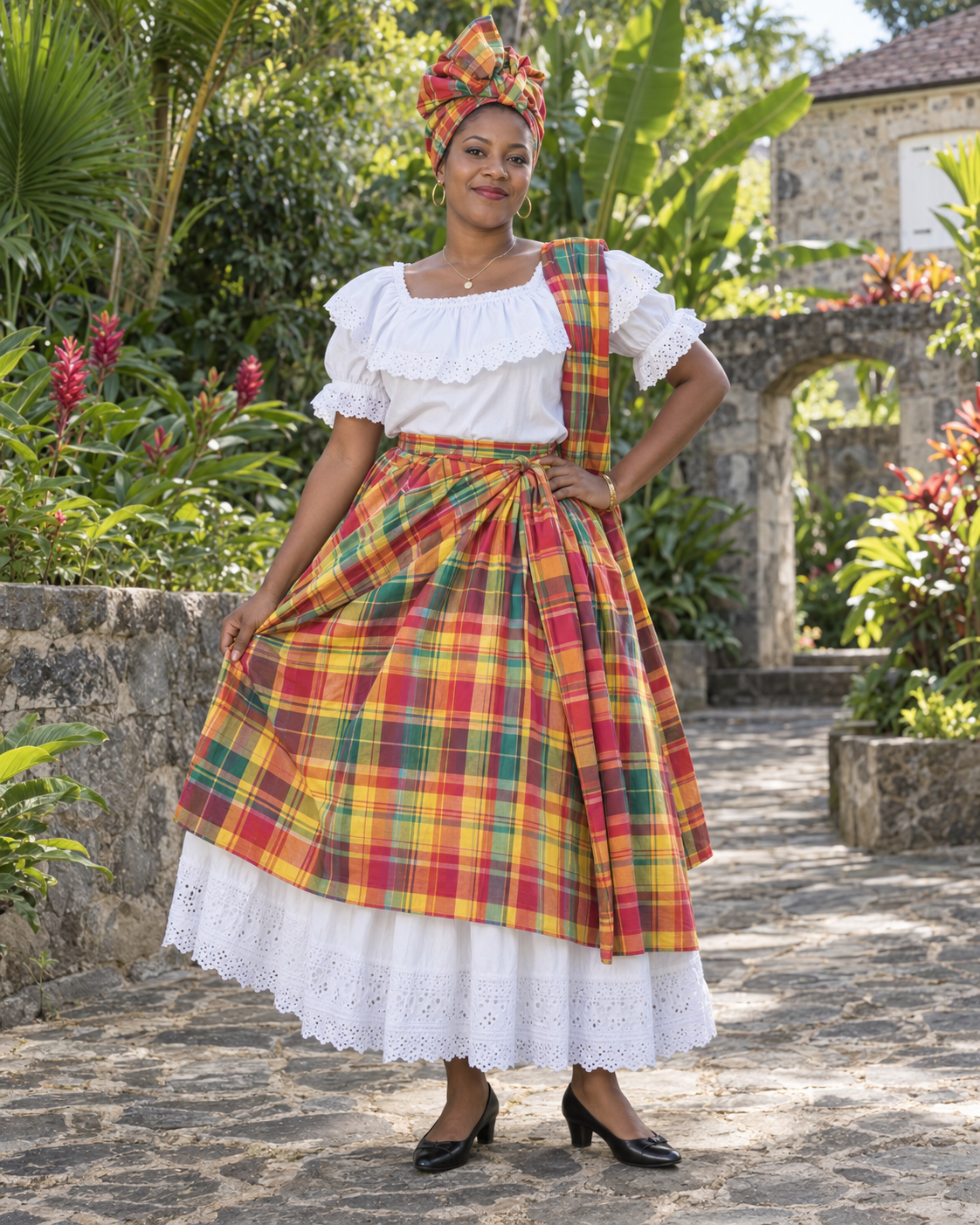 Editorial visualization of a Dominican woman wearing the Wòb Dwiyèt national dress with a lace-trimmed white petticoat, madras overskirt, foulard and matching headpiece
